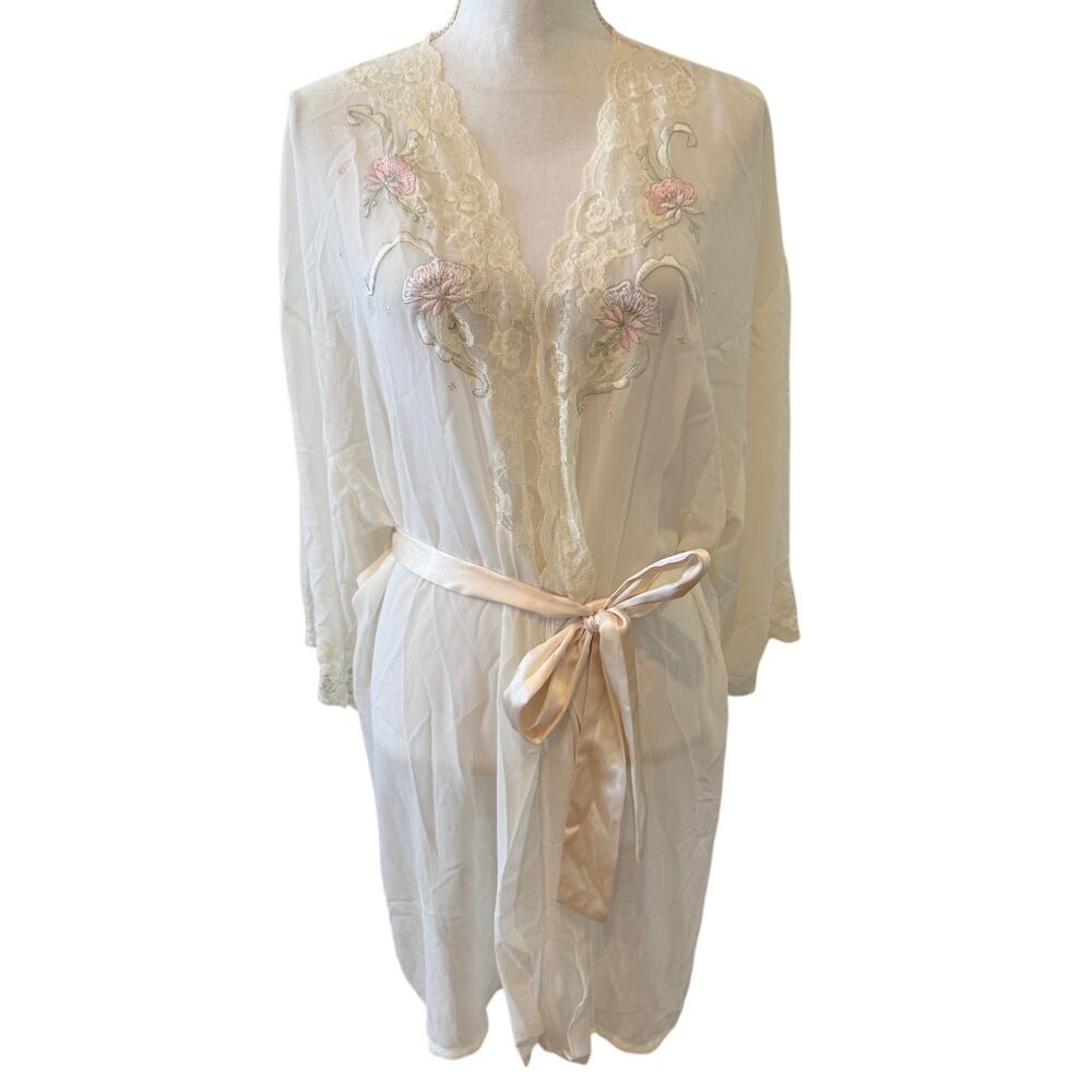 Valerie Stevens Chiffon Robe Embroidery & Lace Trim Ivory M